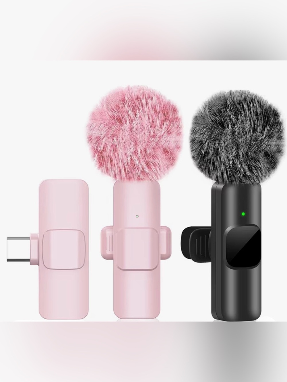 Wireless Lavalier Microphone with Furry Windshield - Pink & Black